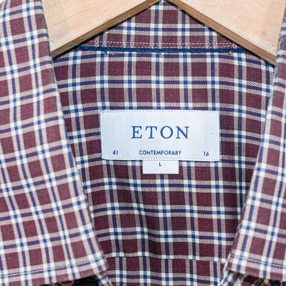 ETON Men's Contemporary fit Button up Shirt in Maroon plaid cotton size Large 16 - Picture 2 of 5